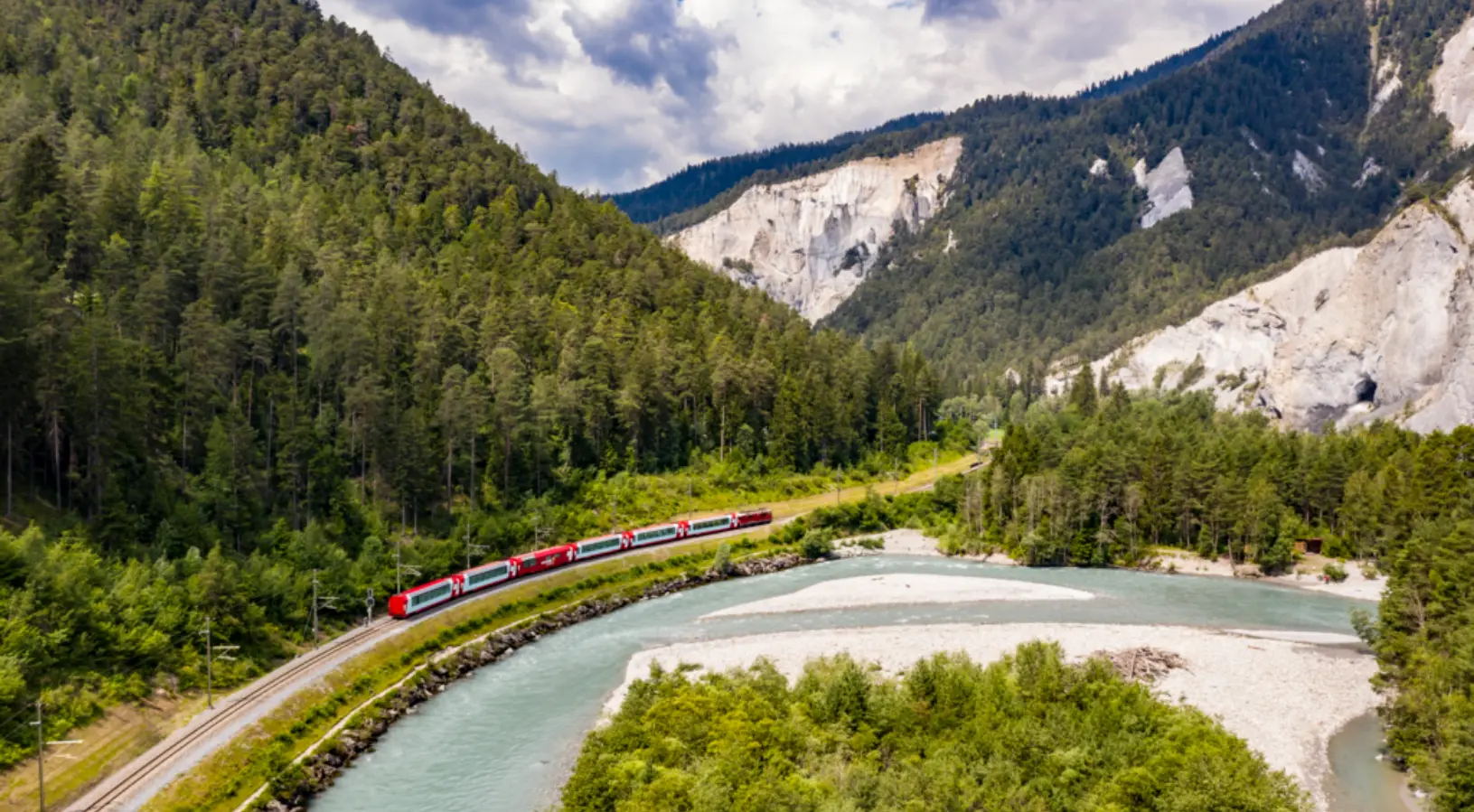 Bernina Express going through the mountains, which you can get at a discounted price with the Swiss Travel Pass