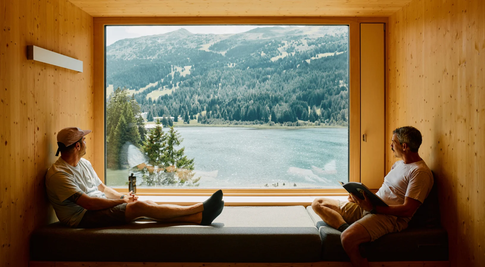 Two American travellers chilling in a Switzerland hotel.