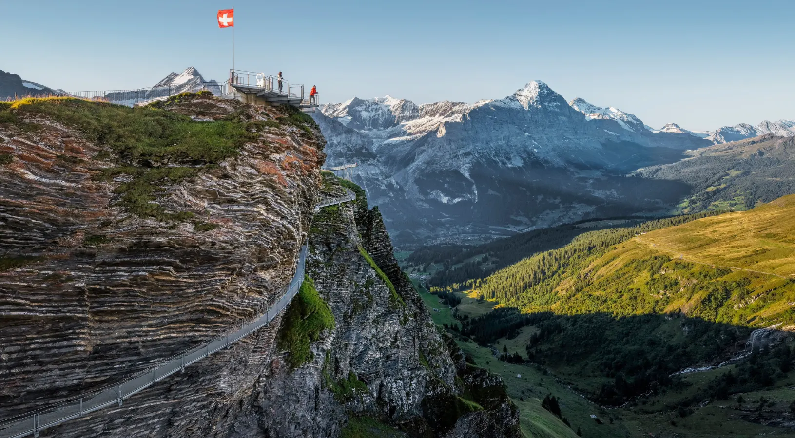 The First Cliff Walk by Tissot at Grindelwald First, a cliff-edge walkway at 2,168 metres with views of the Eiger and the Bernese Alps, Switzerland