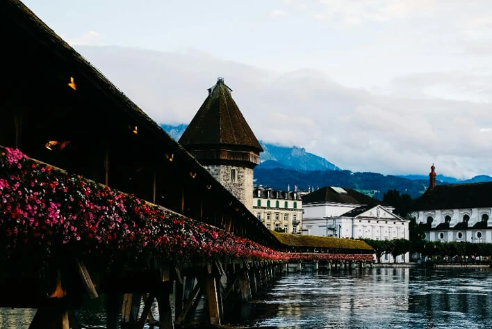 Roofed Chapel Bridge over Reuss River in Lucerne, Switzerland